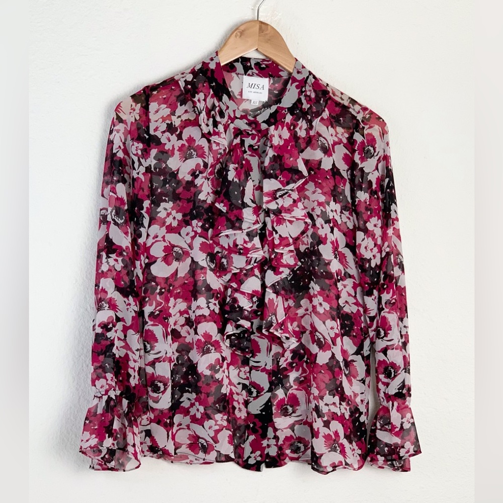 Misa Los Angeles Black Dark Pink Floral Ruffled Blouse Sz XS